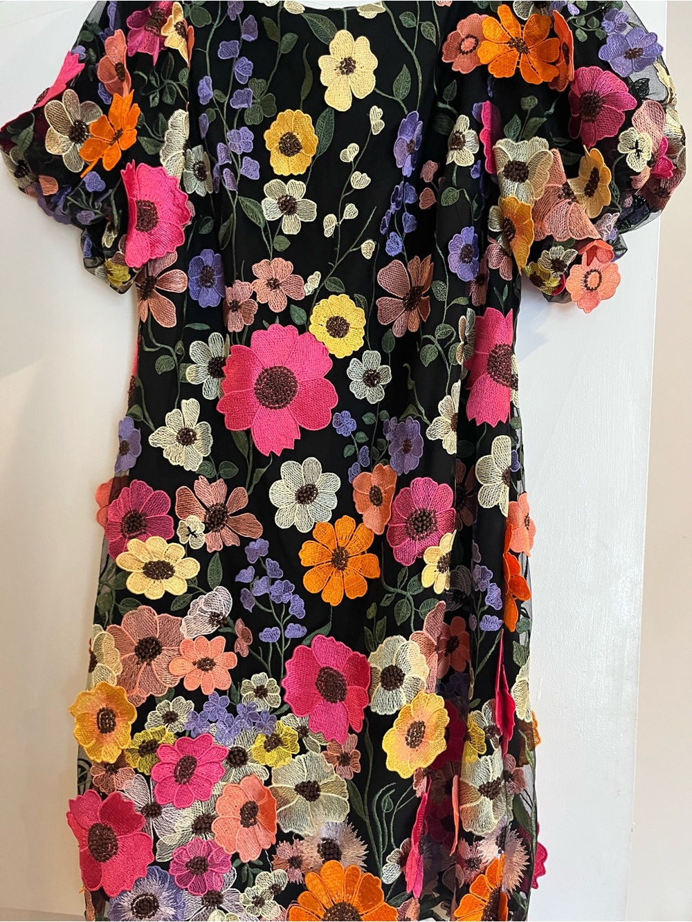 Eliza J Black Dress with Pink, Orange, Yellow & Purple Floral Embroidery